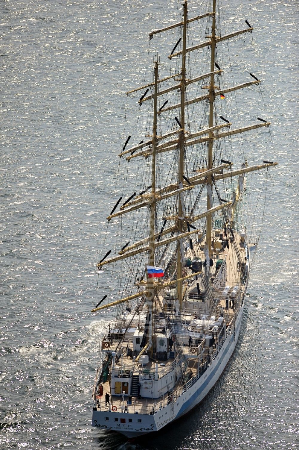 Rostock from the bird's eye view: View of the training ship MIR in the Baltic Sea off Rostock in Mecklenburg Western Pomerania. It is owned by the Admiral Makarov Academy in Saint Petersburg, was built in the Lenin shipyard in Danzig and is considered one of the fastest tall ships in the world