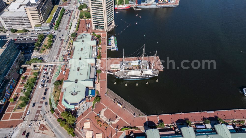Aerial photograph Baltimore - Sailboat USS Constellation in the harbor on street East Pratt Street in Baltimore in Maryland, United States of America