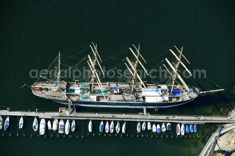 Lübeck from above - Sailboat Viermastbark Passat Am Priwallhafen in the harbor in Luebeck in the state Schleswig-Holstein, Germany