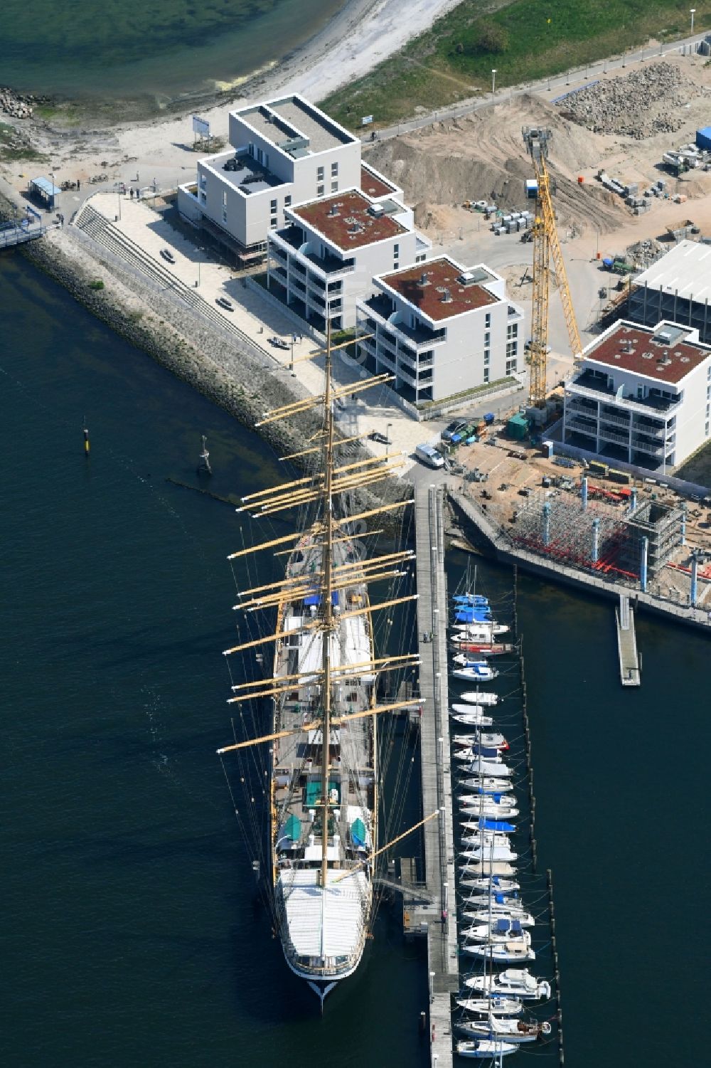 Lübeck from above - Sailboat Viermastbark Passat Am Priwallhafen in the harbor in Luebeck in the state Schleswig-Holstein, Germany