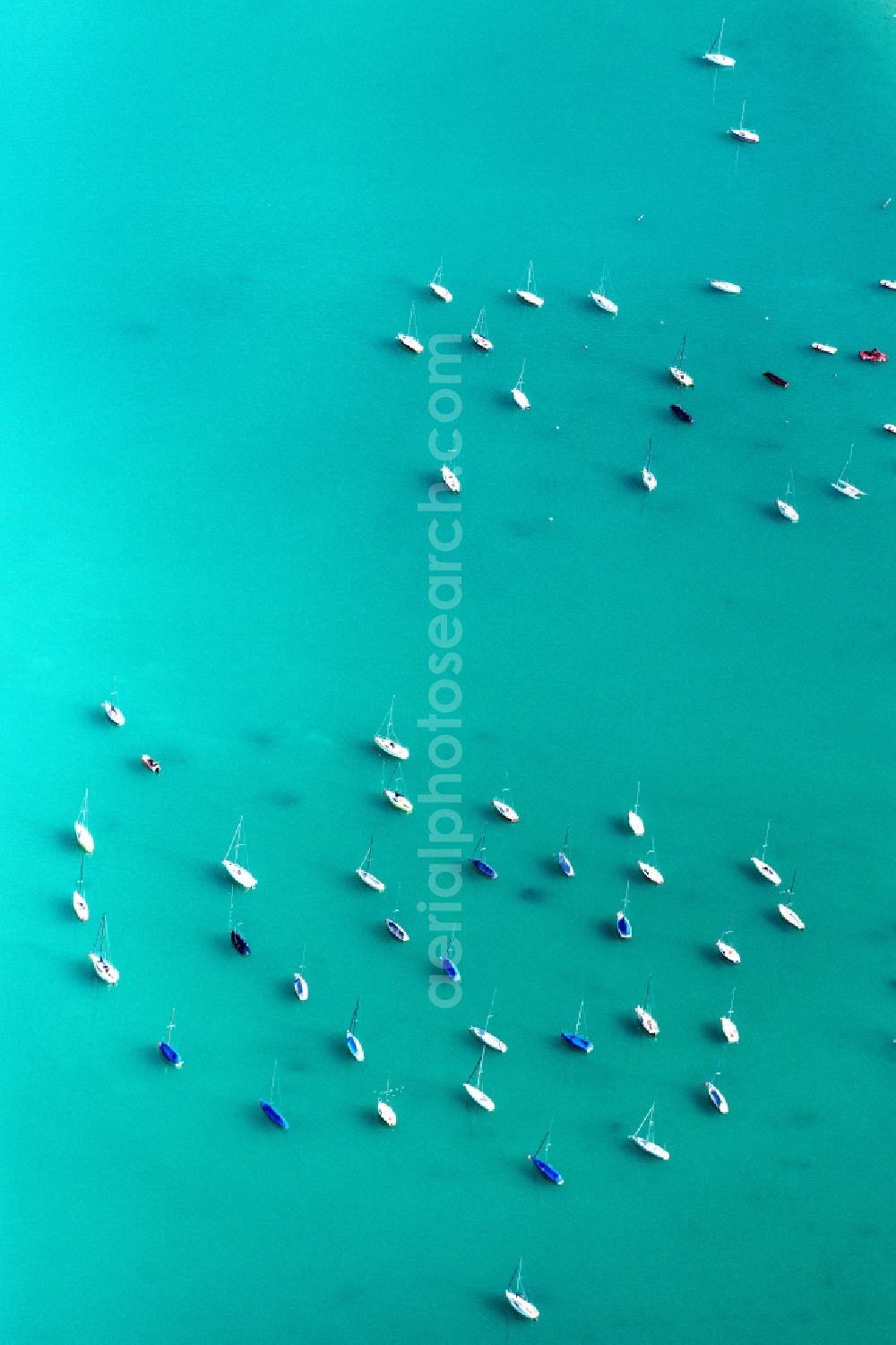 Aerial image Wörthsee - Sailboat on Woerthsee on Boje in the harbor in Woerthsee in the state Bavaria, Germany