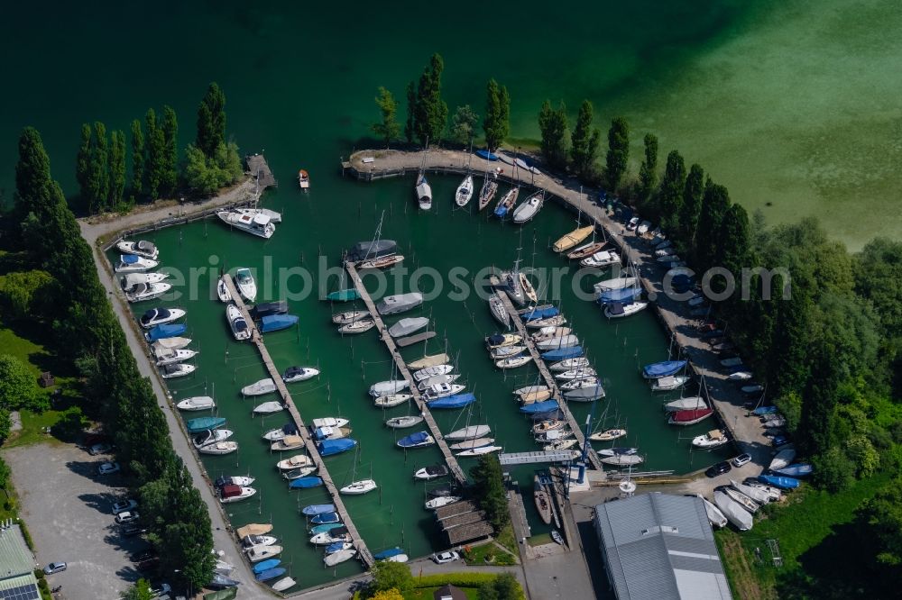 Aerial image Radolfzell am Bodensee - Sailboat in the harbor in Radolfzell am Bodensee in the state Baden-Wuerttemberg, Germany