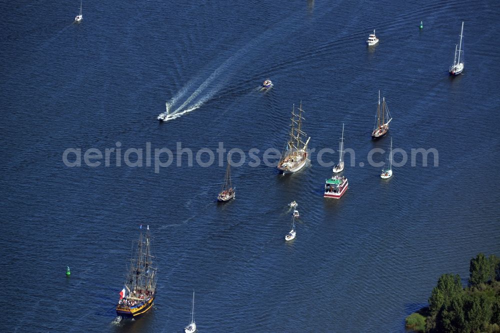 Rostock from the bird's eye view: Sailboat underway at the Ostsee in Rostock in the state Mecklenburg - Western Pomerania