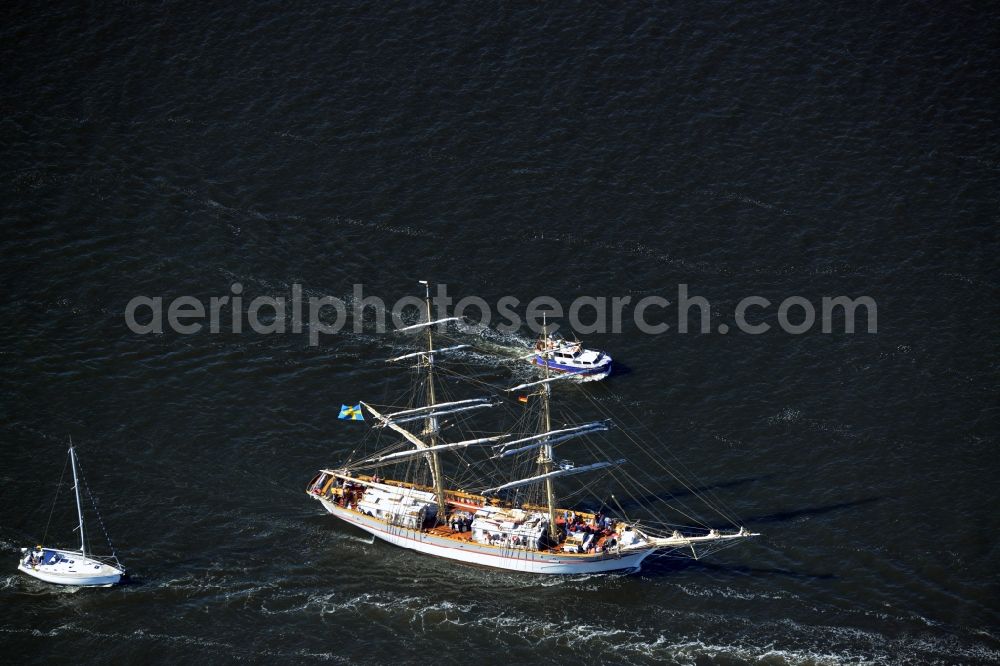 Aerial image Rostock - Sailboat underway on the Unterwarnow in Rostock in the state Mecklenburg - Western Pomerania