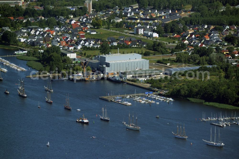 Rostock from the bird's eye view: Sailboat of german Hanse Sail in Rostock in the state Mecklenburg - Western Pomerania