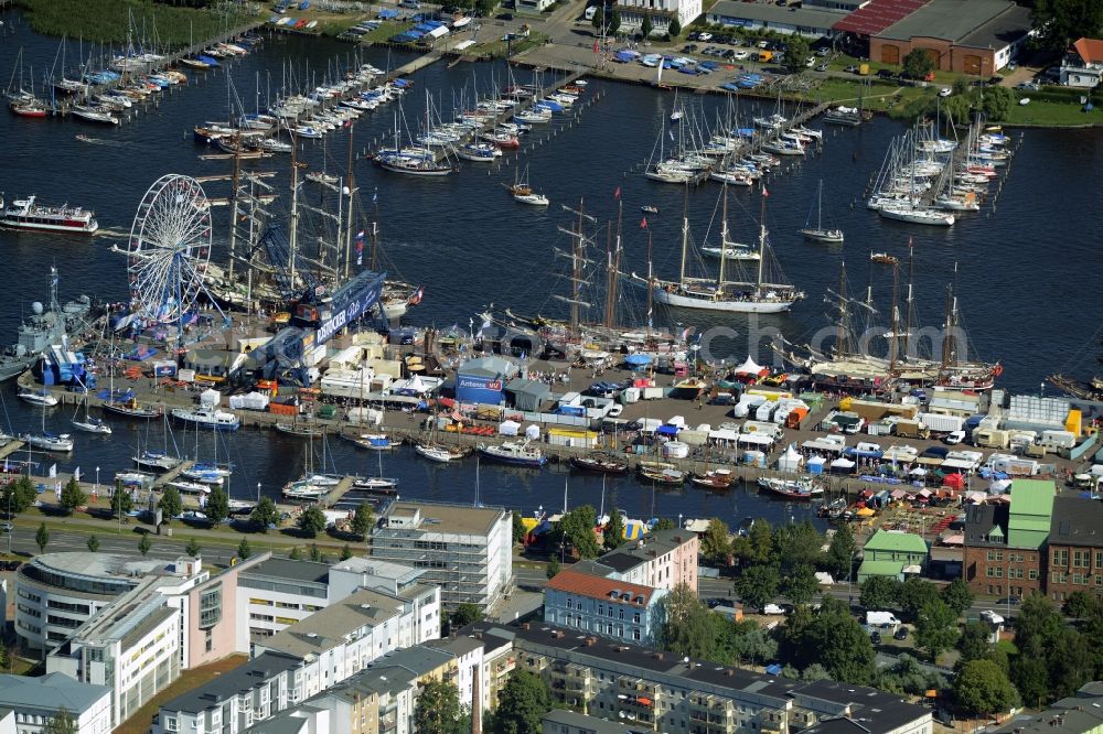 Aerial photograph Rostock - Sailboat of german Hanse Sail in Rostock in the state Mecklenburg - Western Pomerania