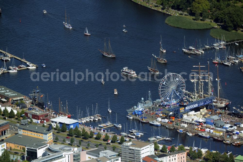 Rostock from the bird's eye view: Sailboat of german Hanse Sail in Rostock in the state Mecklenburg - Western Pomerania