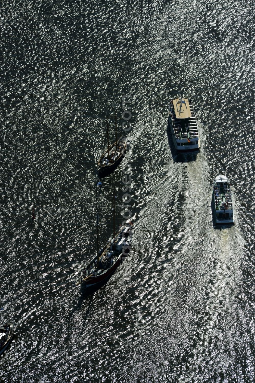 Rostock from the bird's eye view: Sailboat of german Hanse Sail in Rostock in the state Mecklenburg - Western Pomerania