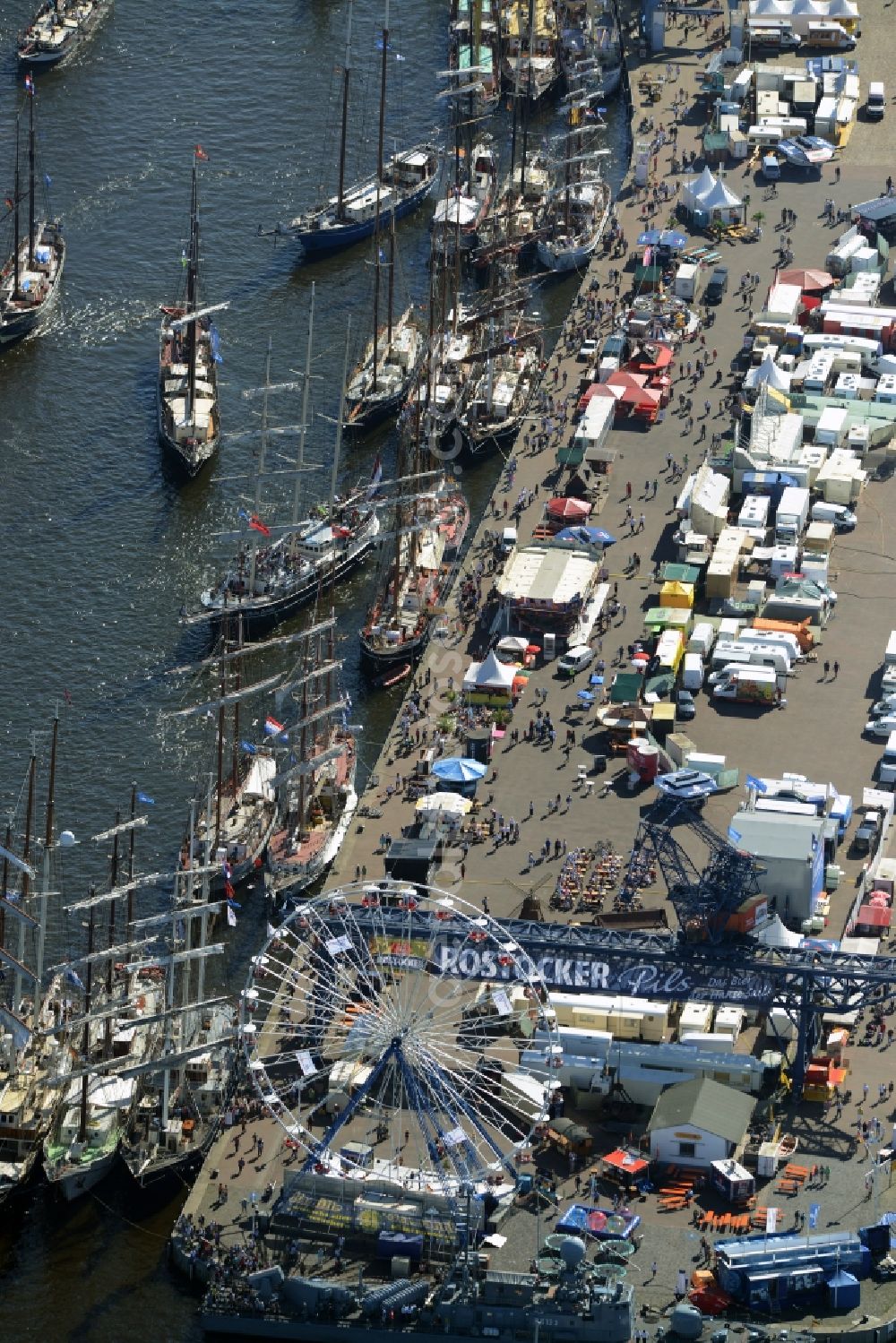 Rostock from above - Sailboat of german Hanse Sail in Rostock in the state Mecklenburg - Western Pomerania