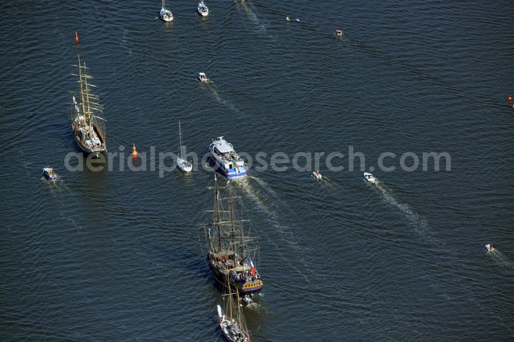 Rostock from the bird's eye view: Sailboat of german Hanse Sail in Rostock in the state Mecklenburg - Western Pomerania