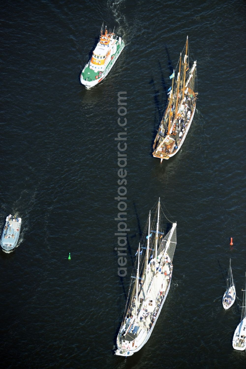 Aerial photograph Rostock - Sailboat of german Hanse Sail in Rostock in the state Mecklenburg - Western Pomerania