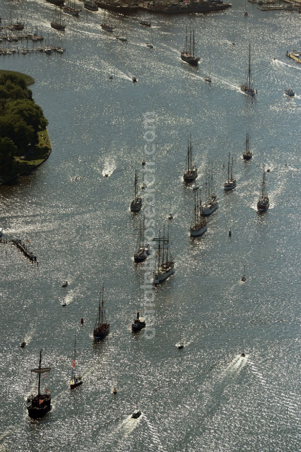 Rostock from the bird's eye view: Sailboat of german Hanse Sail in Rostock in the state Mecklenburg - Western Pomerania