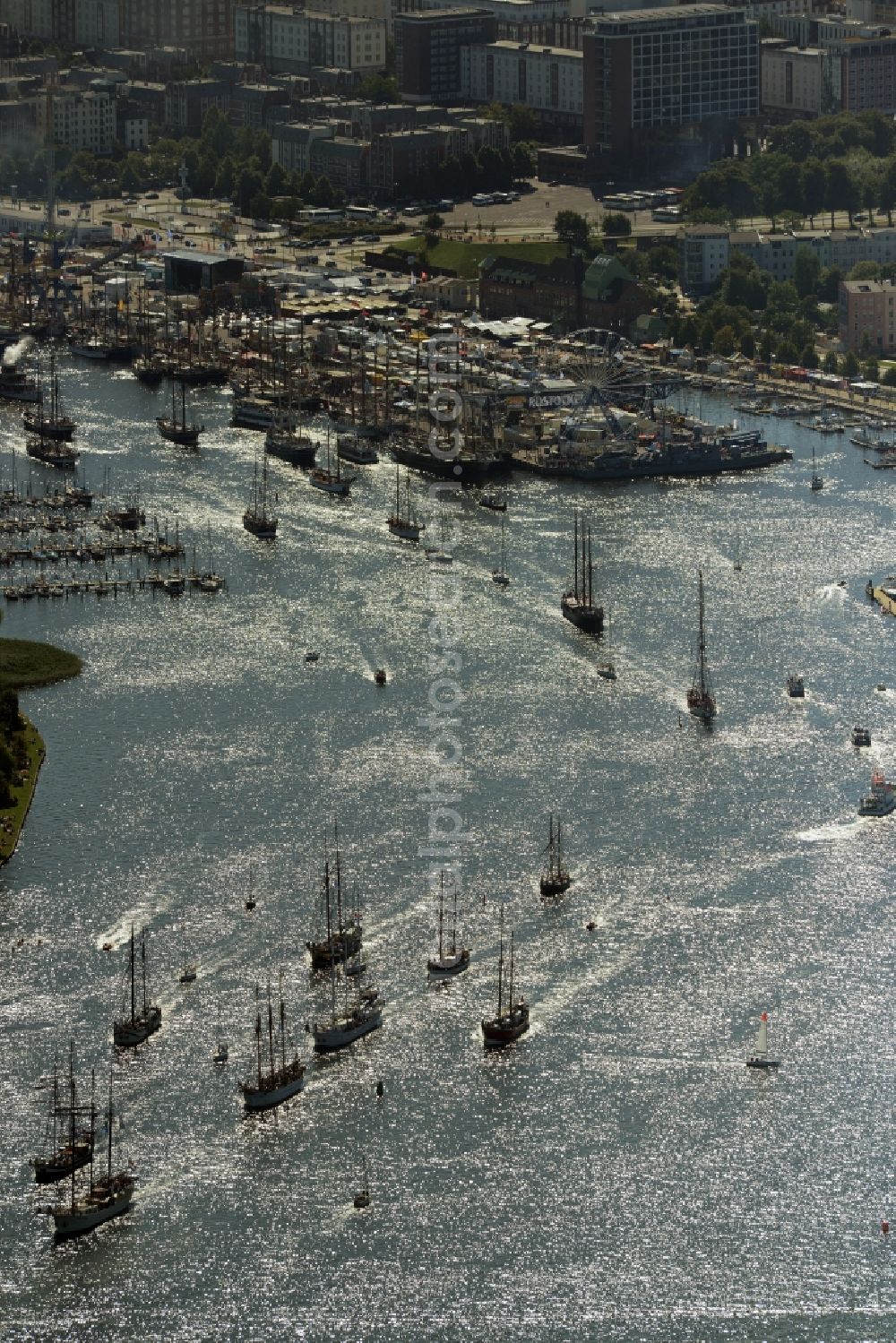 Aerial image Rostock - Sailboat of german Hanse Sail in Rostock in the state Mecklenburg - Western Pomerania