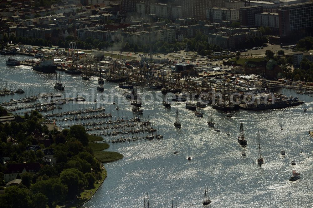 Rostock from the bird's eye view: Sailboat of german Hanse Sail in Rostock in the state Mecklenburg - Western Pomerania