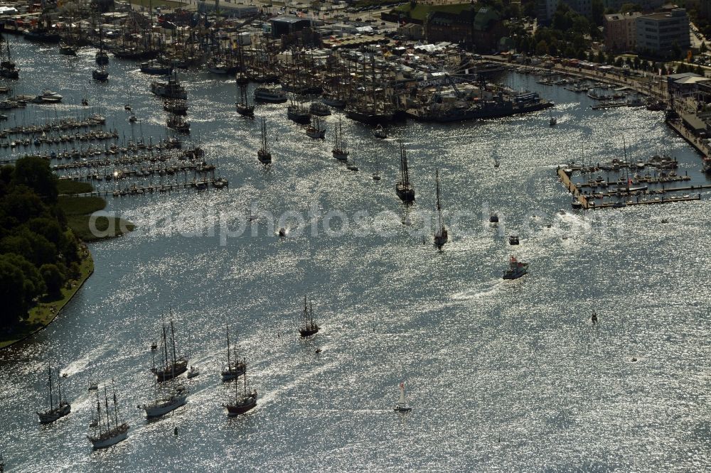 Aerial image Rostock - Sailboat of german Hanse Sail in Rostock in the state Mecklenburg - Western Pomerania