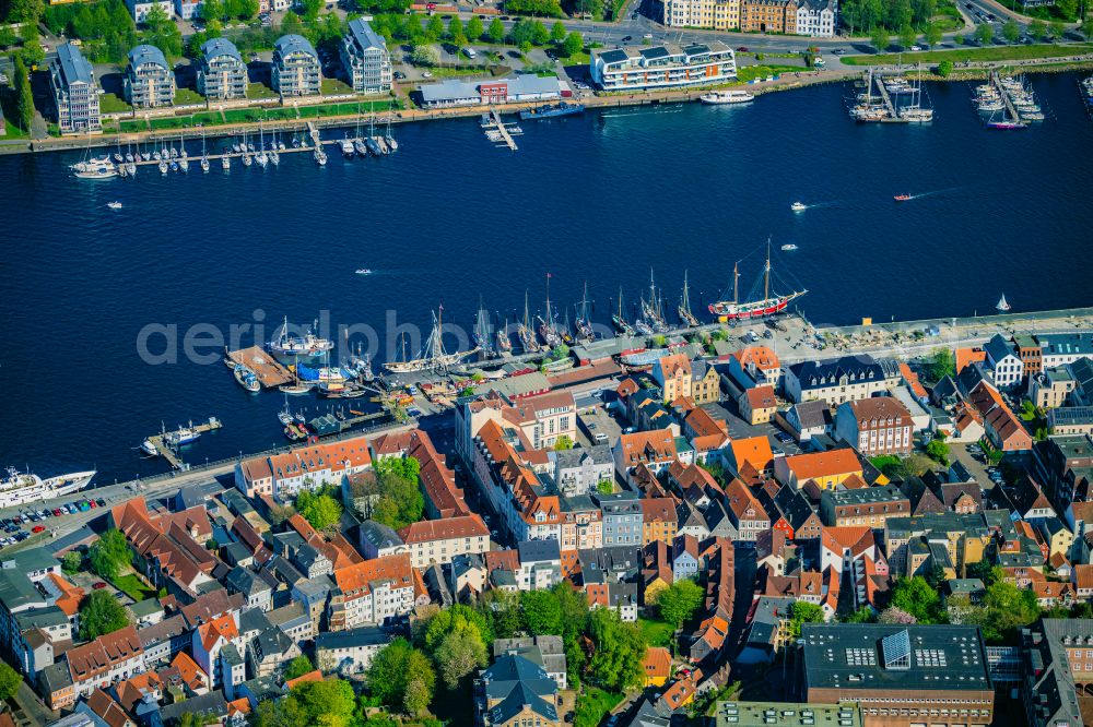 Flensburg from above - Sailing ships in the museum harbour in Flensburg in the federal state Schleswig-Holstein, Germany