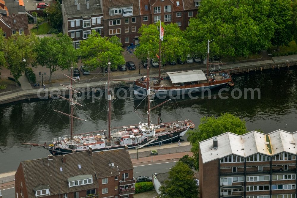 Emden from the bird's eye view: Sailing ships in the Ratsdelft in the old inland port in Emden in the state Lower Saxony, Germany