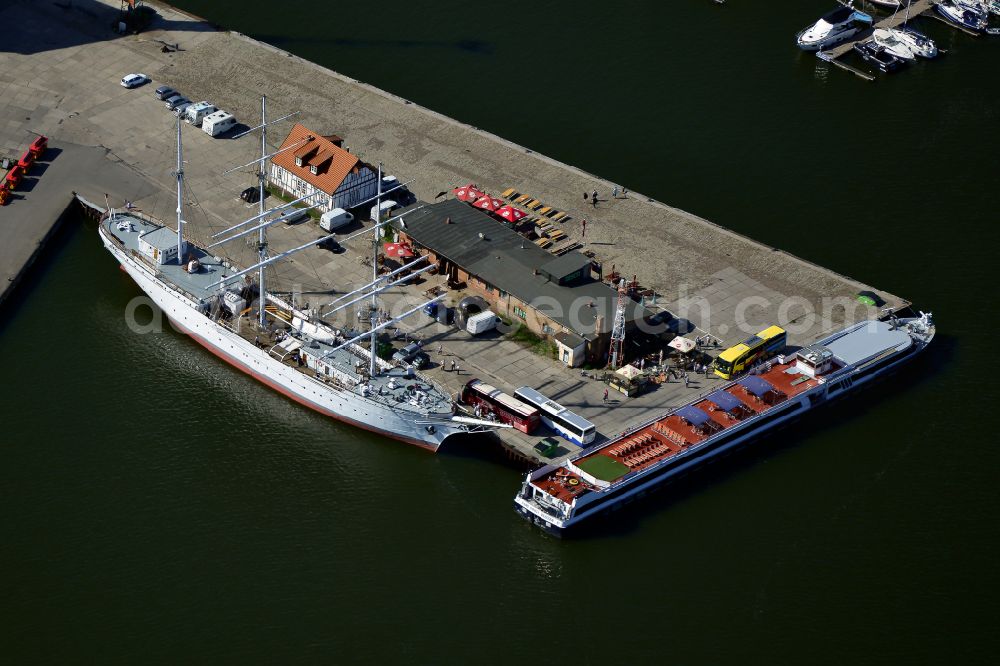 Hansestadt Stralsund from the bird's eye view: Sail training ship Gorch Fock I in the harbor in Hansestadt Stralsund in the state Mecklenburg - Western Pomerania, Germany