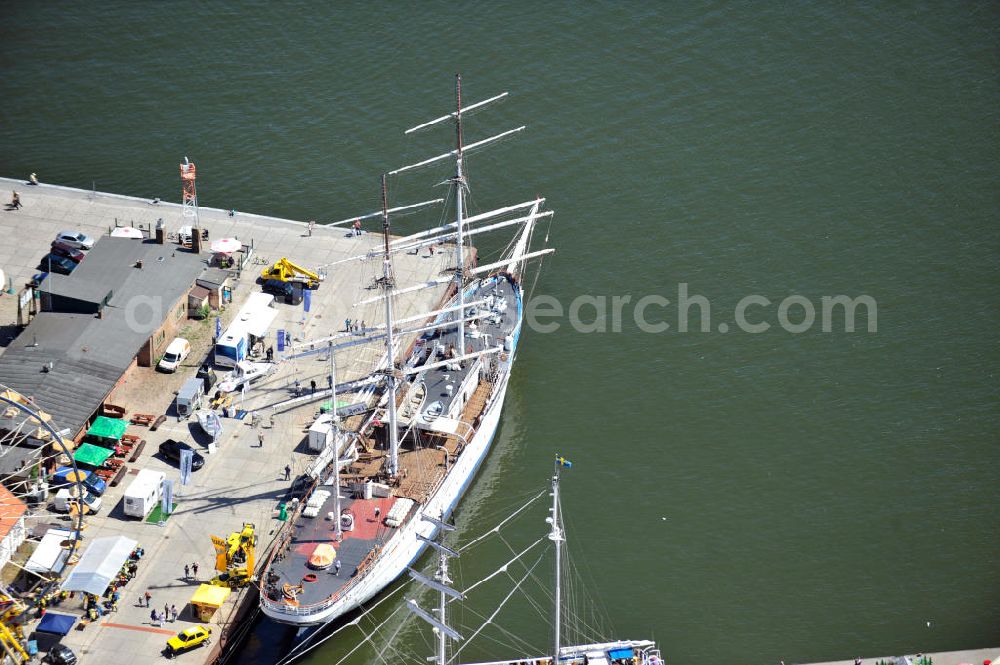 Stralsund from the bird's eye view: Das Segelschulschiff Gorch Fock I im Heimathafen Stralsund in Mecklenburg-Vorpommern. Sail training ship Gorch Fock I at the home port Stralsund in Mecklenburg-Western Pomerania.