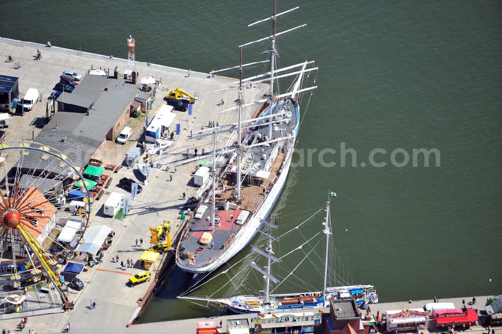 Aerial image Stralsund - Das Segelschulschiff Gorch Fock I im Heimathafen Stralsund in Mecklenburg-Vorpommern. Sail training ship Gorch Fock I at the home port Stralsund in Mecklenburg-Western Pomerania.