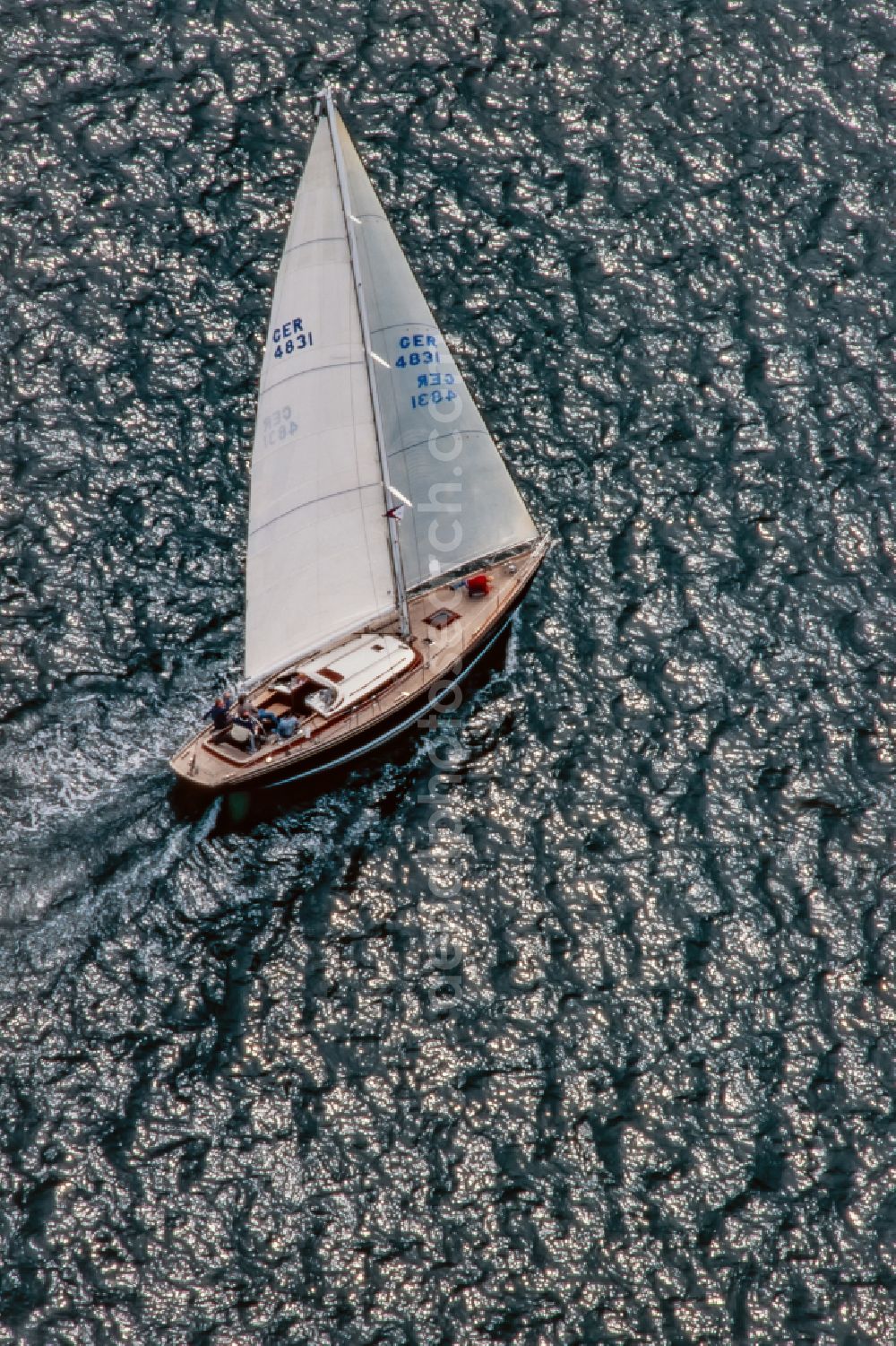 Aerial image Glücksburg - Sailing yacht in motion on the Flensburg Fjord in Gluecksburg in the state Schleswig-Holstein, Germany