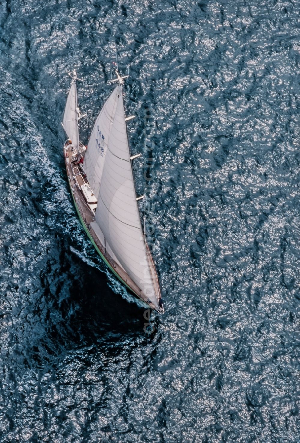 Glücksburg from above - Sailing yacht in motion, GERMANIA VI on the Flensburg Fjord in Gluecksburg in the state Schleswig-Holstein, Germany