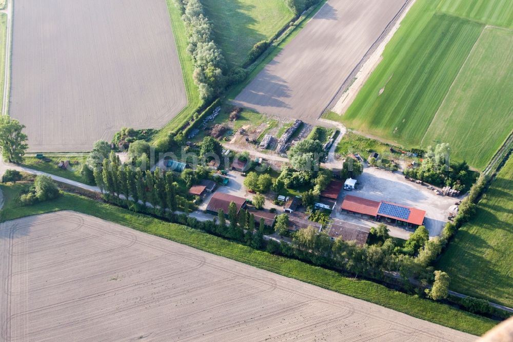 Aerial photograph Philippsburg - Barn building on the edge of agricultural fields and farmland Semler Rollrasen in Philippsburg in the state Baden-Wurttemberg, Germany