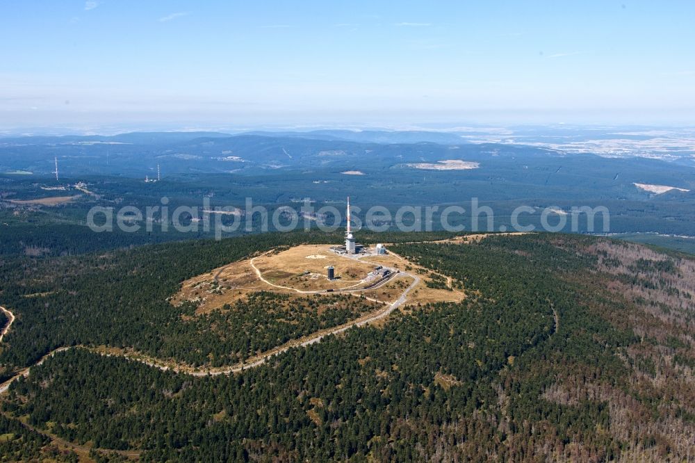 Aerial image Wernigerode - Buildings on the hill summit of the Brocken in the Harz near Wernigerode in the state Saxony-Anhalt. These are a transmitter site with a radio mast, as well as a weather station and the Brockenhaus