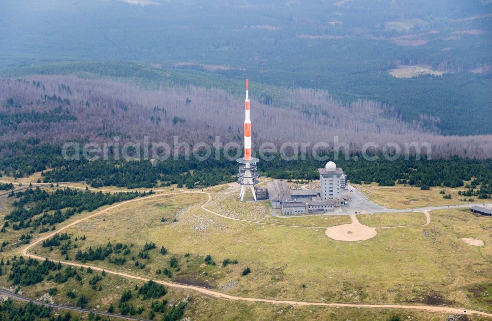 Wernigerode from above - Buildings on the hill summit of the Brocken in the Harz near Wernigerode in the state Saxony-Anhalt. These are a transmitter site with a radio mast, as well as a weather station and the Brockenhaus