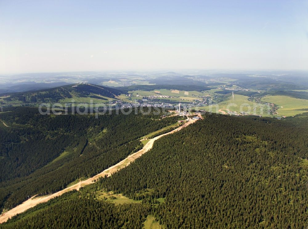 Keilberg Klinovec from the bird's eye view: Transmission tower and winter sports facilities available on the crest of the mountain wedge (Klinovec) in Czech Republic