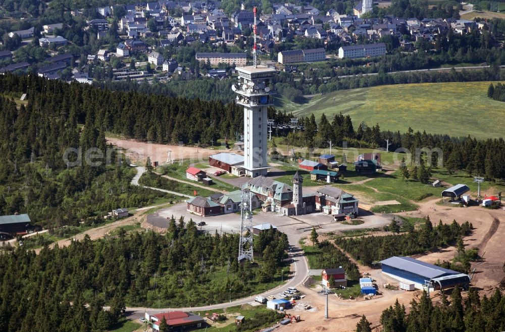 Aerial image Keilberg Klinovec - Transmission tower and winter sports facilities available on the crest of the mountain wedge (Klinovec) in Czech Republic