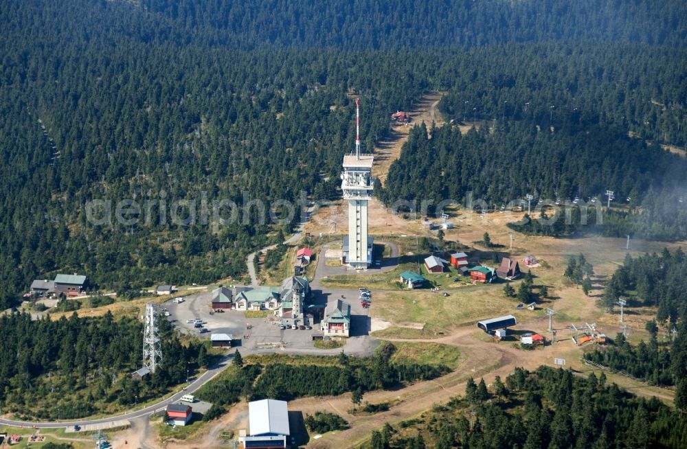 Aerial image Jáchymov - Transmission tower and winter sports facilities available on the crest of the mountain wedge (Klinovec) in Czech Republic