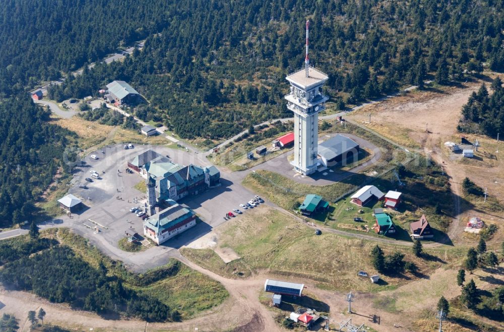 Jáchymov from above - Transmission tower and winter sports facilities available on the crest of the mountain wedge (Klinovec) in Czech Republic