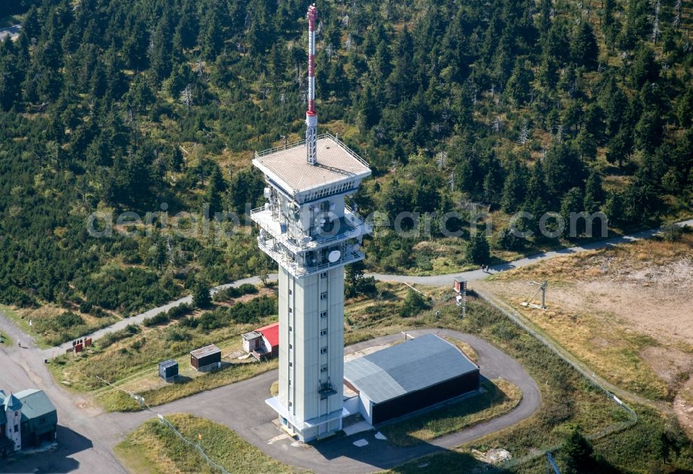 Jáchymov from the bird's eye view: Transmission tower and winter sports facilities available on the crest of the mountain wedge (Klinovec) in Czech Republic