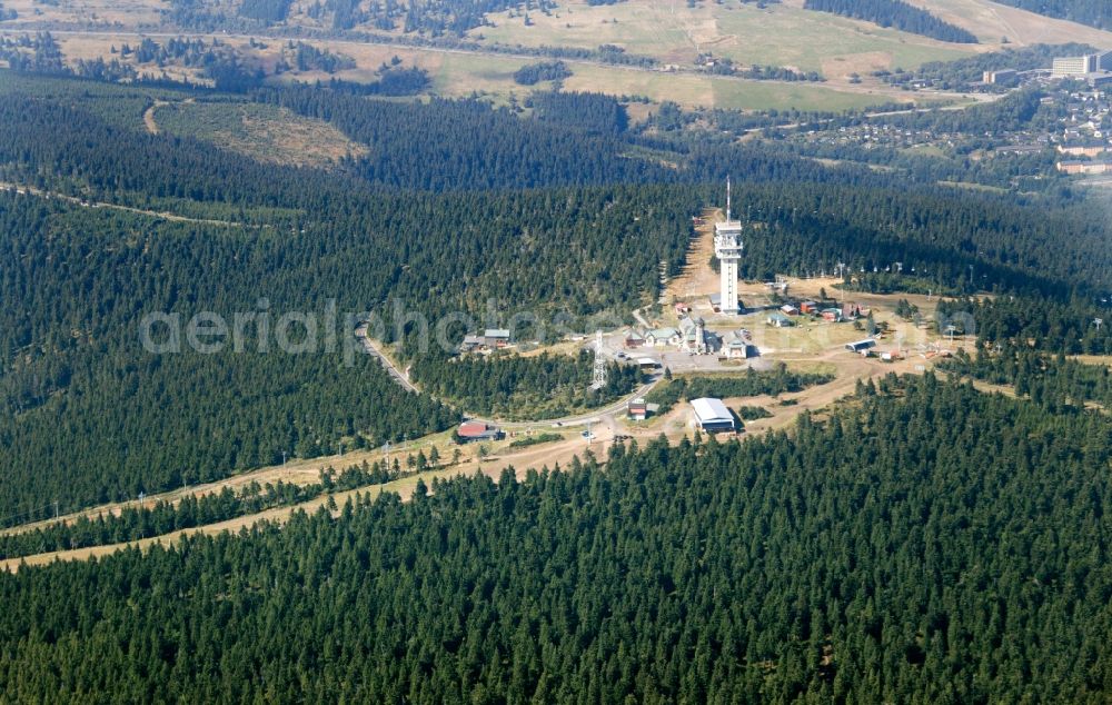 Aerial image Jáchymov - Transmission tower and winter sports facilities available on the crest of the mountain wedge (Klinovec) in Czech Republic