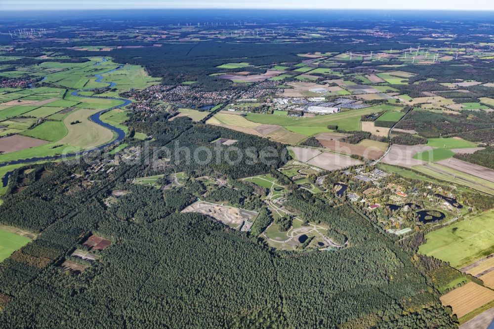 Hodenhagen from the bird's eye view: Serengeti Park Amusement Park with Zoo and African Animals in Hodenhagen in the state of Niedersachsen, Germany