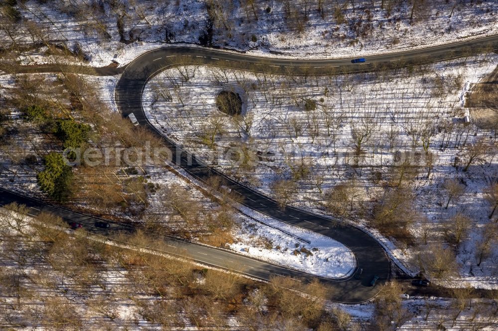 Fredeburg from above - Serpentine-like S-curve in the road in winter at Fredeburg in North Rhine-Westphalia