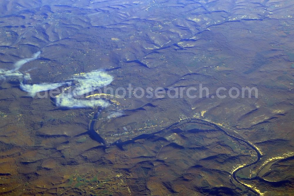 Bouzies from above - Meandering, serpentine curve of river Le Lot in Bouzies in Occitanie, France