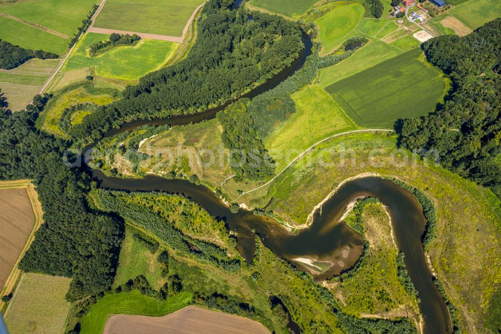 Aerial image Datteln - meandering, serpentine curve of river of Lippe in Olfen in the state North Rhine-Westphalia, Germany