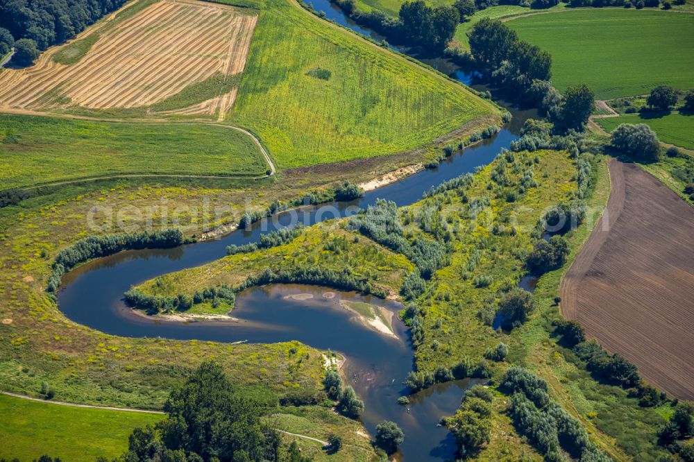 Aerial image Datteln - meandering, serpentine curve of river of Lippe in Olfen in the state North Rhine-Westphalia, Germany