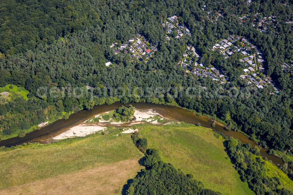 Datteln from above - meandering, serpentine curve of river of Lippe in Olfen in the state North Rhine-Westphalia, Germany