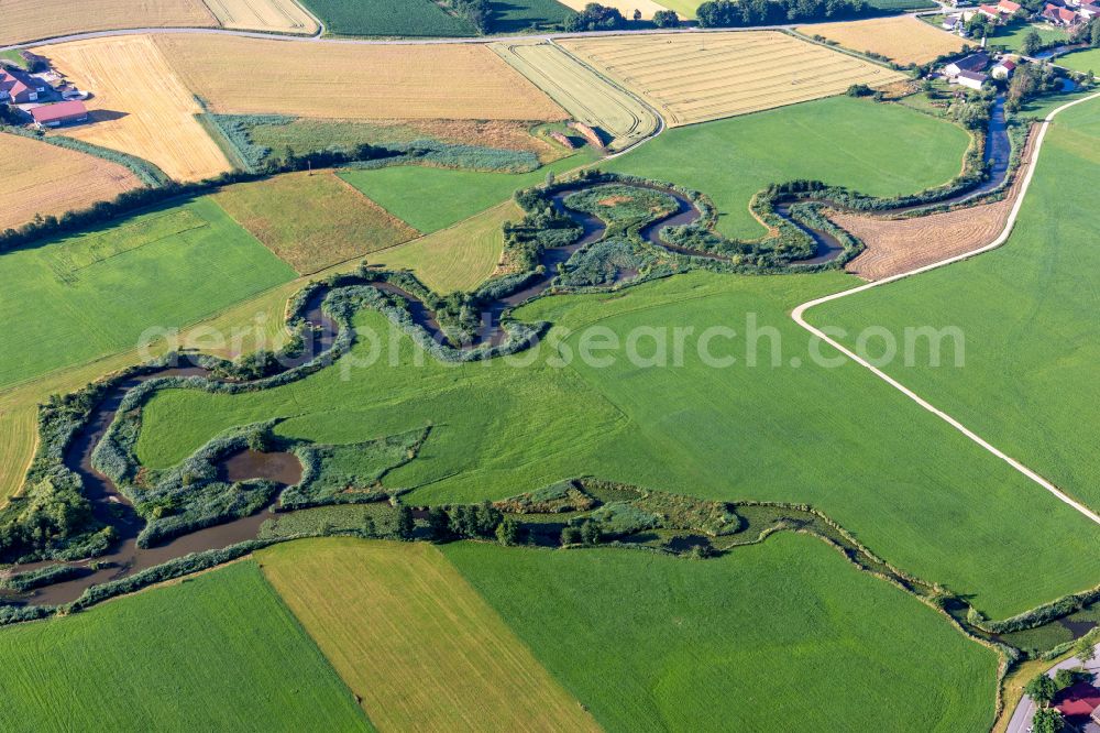 Frontenhausen from the bird's eye view: Meandering, serpentine curve of a river Vils in Frontenhausen in the state Bavaria, Germany