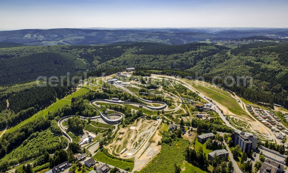 Aerial image Winterberg - Serpentine curve of the racetrack route of Bobbahn Winterberg Hochsauerland in Winterberg in the state North Rhine-Westphalia