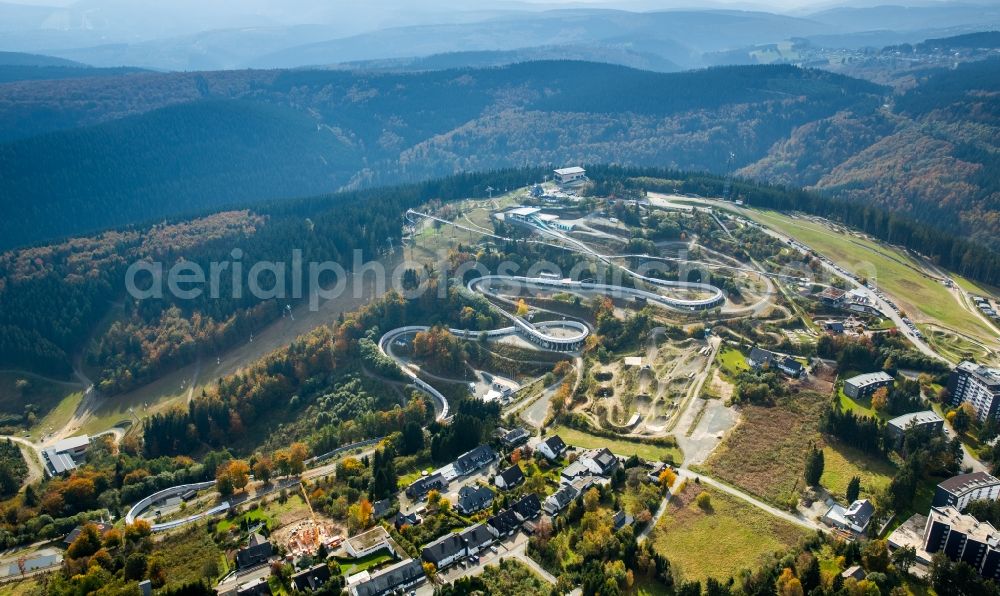 Winterberg from the bird's eye view: Serpentine curve of the racetrack route of Bobbahn Winterberg Hochsauerland in Winterberg in the state North Rhine-Westphalia