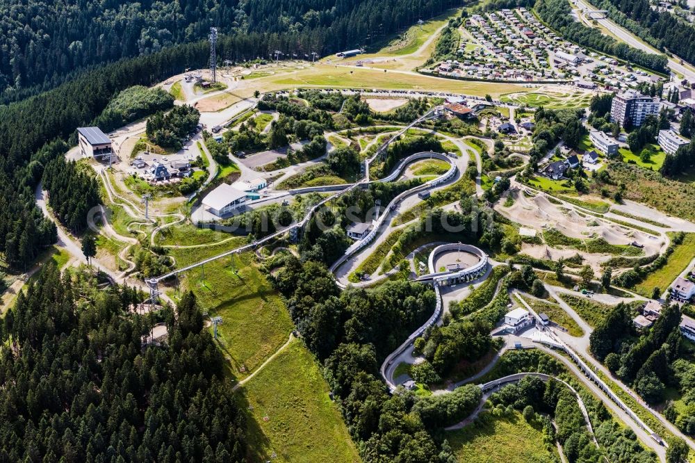 Winterberg from the bird's eye view: Serpentine curve of the racetrack route of Bobbahn Winterberg Hochsauerland in Winterberg in the state North Rhine-Westphalia