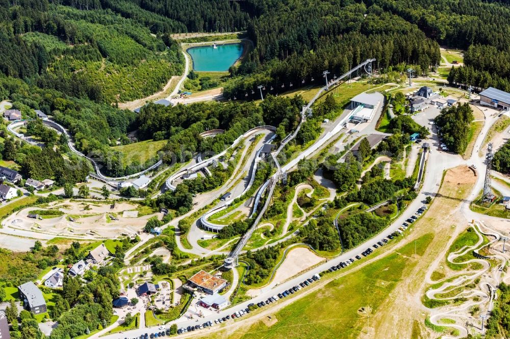 Winterberg from the bird's eye view: Serpentine curve of the racetrack route of Bobbahn Winterberg Hochsauerland in Winterberg in the state North Rhine-Westphalia