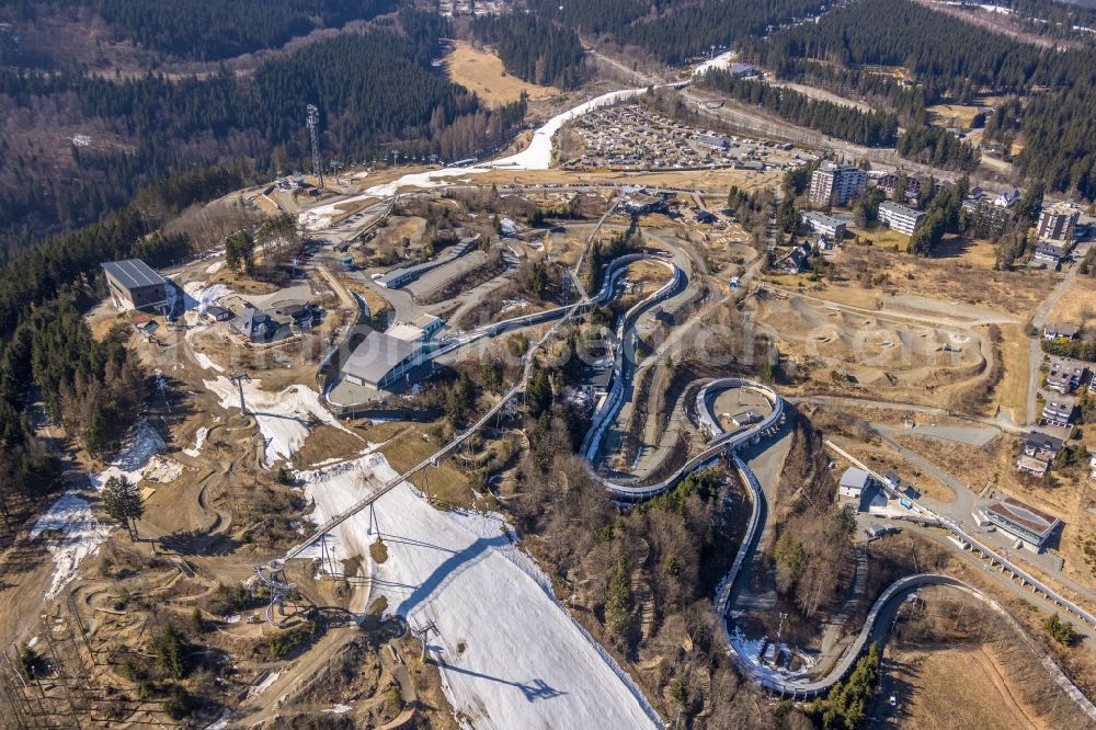 Aerial image Winterberg - serpentine curve of the racetrack route of Bobbahn Winterberg Hochsauerland in Winterberg in the state North Rhine-Westphalia