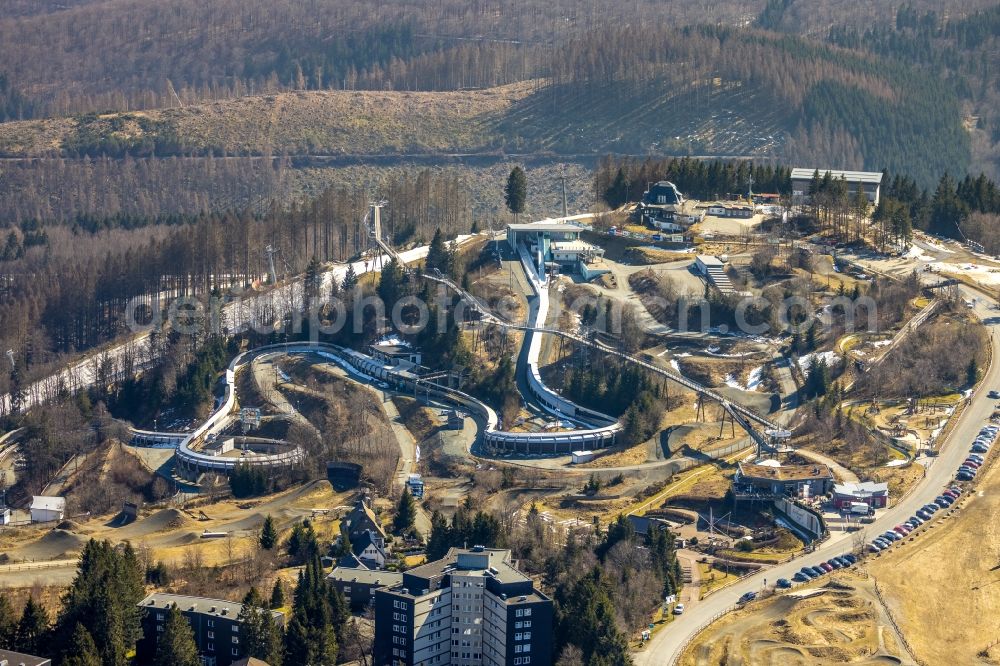 Winterberg from above - Serpentine curve of the racetrack route of Bobbahn Winterberg Hochsauerland in Winterberg at Sauerland in the state North Rhine-Westphalia