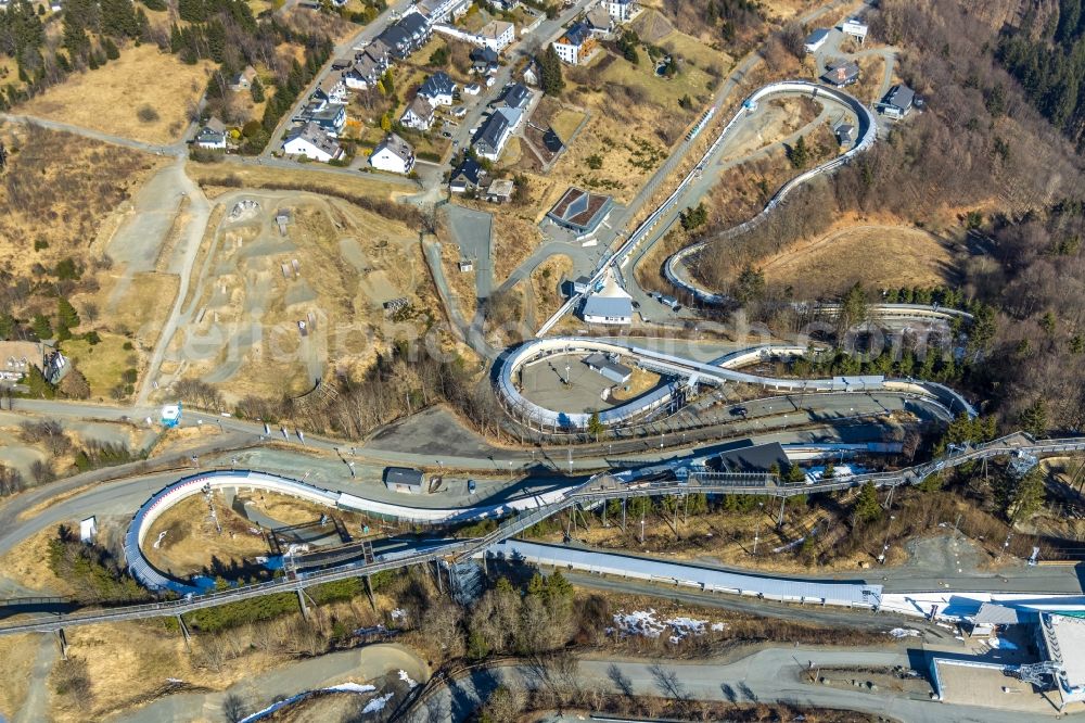 Aerial photograph Winterberg - Serpentine curve of the racetrack route of Bobbahn Winterberg Hochsauerland in Winterberg at Sauerland in the state North Rhine-Westphalia