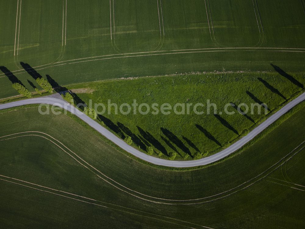 Königstein from above - Serpentine-shaped curve of a road guide on street Napoleonallee in Koenigstein Saechsische Schweiz in the state Saxony, Germany